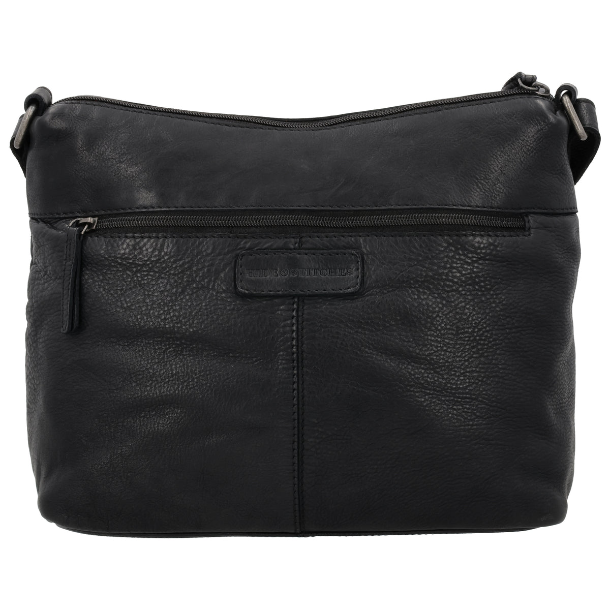 Schultertasche 34x25cm in Schwarz aus Leder mit zwei Vortaschen - leder-accessoires.com