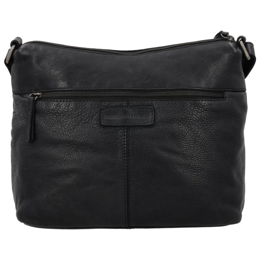 Schultertasche 34x25cm in Schwarz aus Leder mit zwei Vortaschen - leder-accessoires.com
