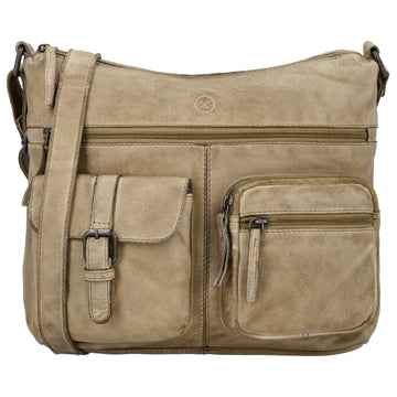 Schultertasche 34x25cm in Sand aus Leder mit zwei Vortaschen - leder-accessoires.com