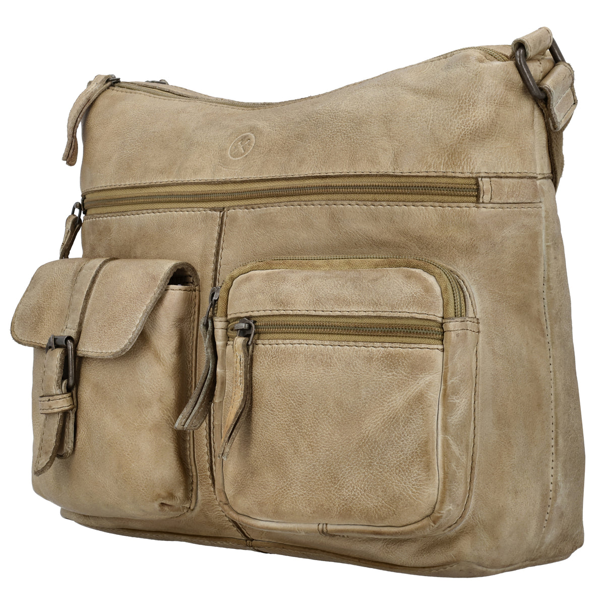 Schultertasche 34x25cm in Sand aus Leder mit zwei Vortaschen - leder-accessoires.com