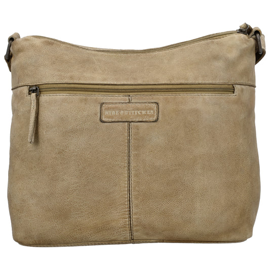 Schultertasche 34x25cm in Sand aus Leder mit zwei Vortaschen - leder-accessoires.com