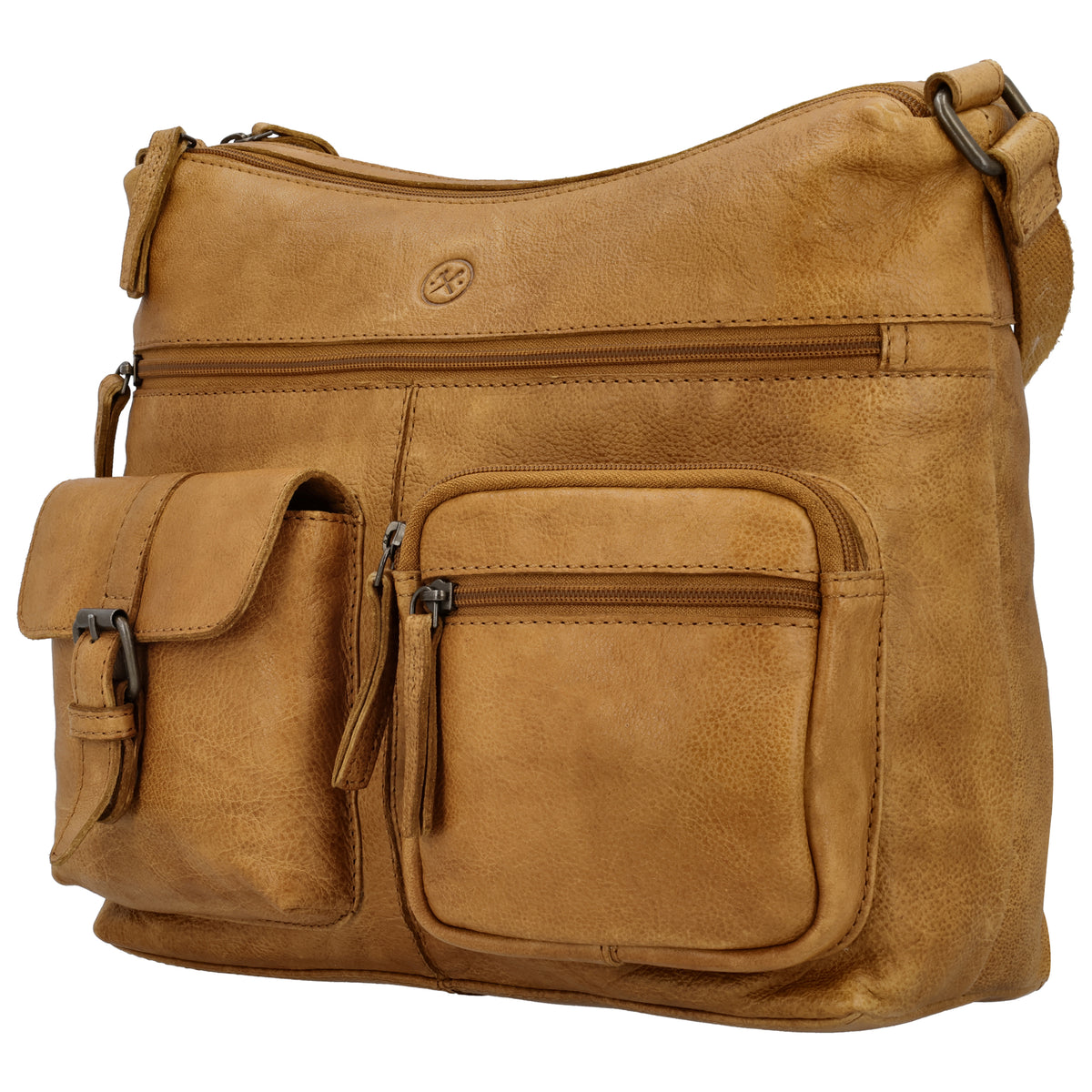 Schultertasche 34x25cm in Ocker|Gelb aus Leder mit zwei Vortaschen - leder-accessoires.com