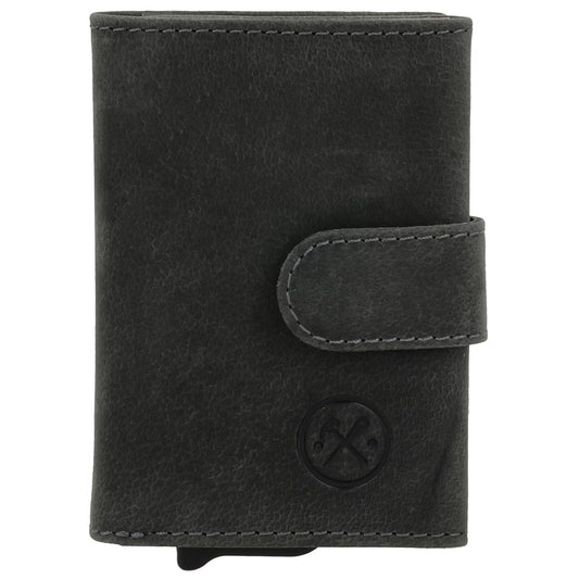 Kartenetui| Safty Wallet 7,5x10cm in Schwarz mit Riegel und Druckknopf - leder-accessoires.com