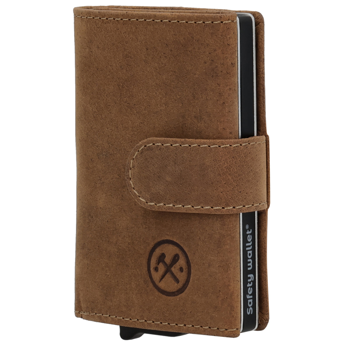 Kartenetui| Safty Wallet 7,5x10cm in Braun mit Riegel und Druckknopf - leder-accessoires.com