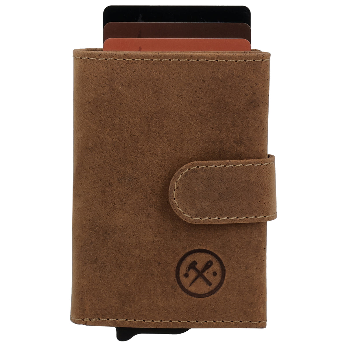 Kartenetui| Safty Wallet 7,5x10cm in Braun mit Riegel und Druckknopf - leder-accessoires.com