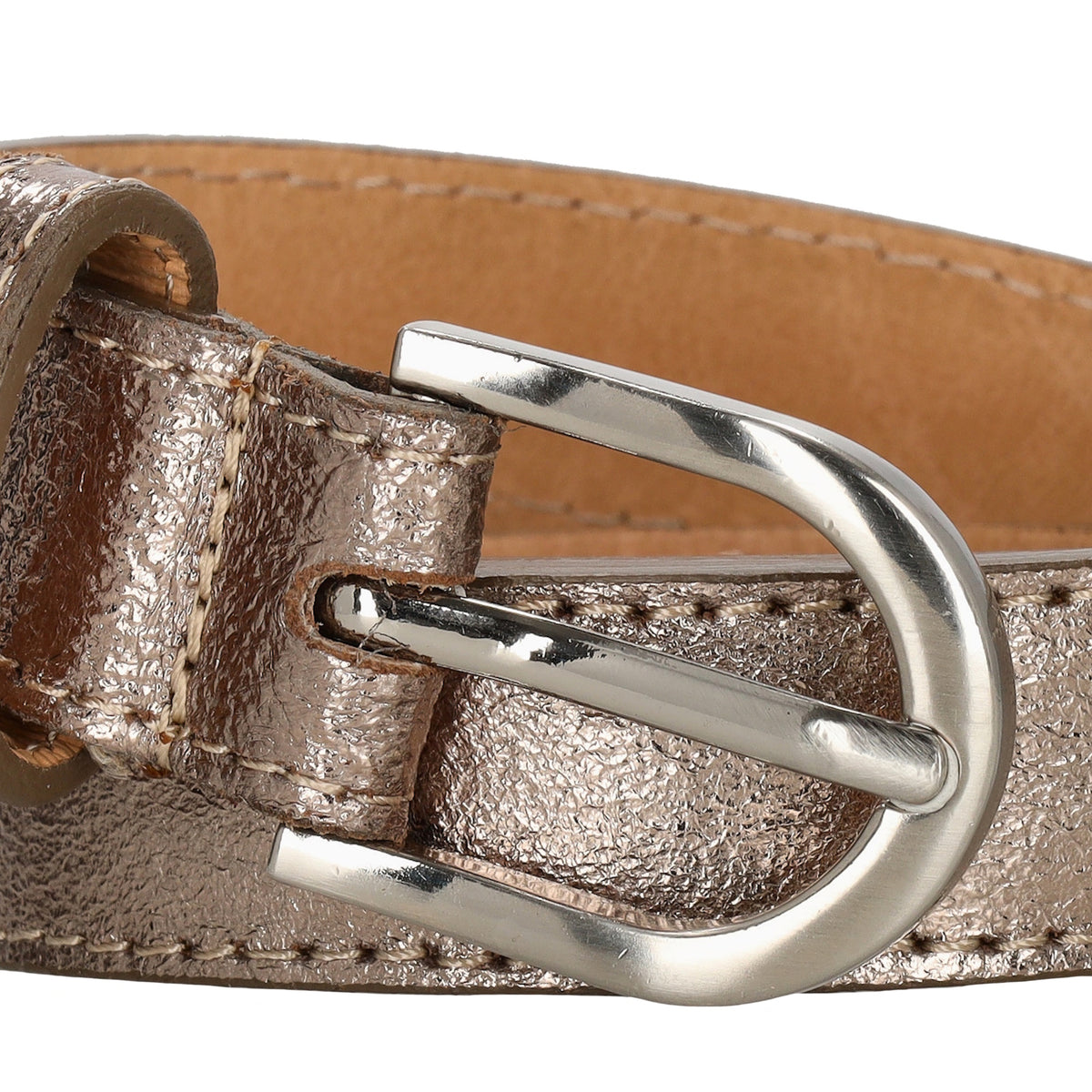 Hochwertiger Ledergürtel in Champagner – Metallic Look, 2,5cm, Silber-Schließe - leder-accessoires.com