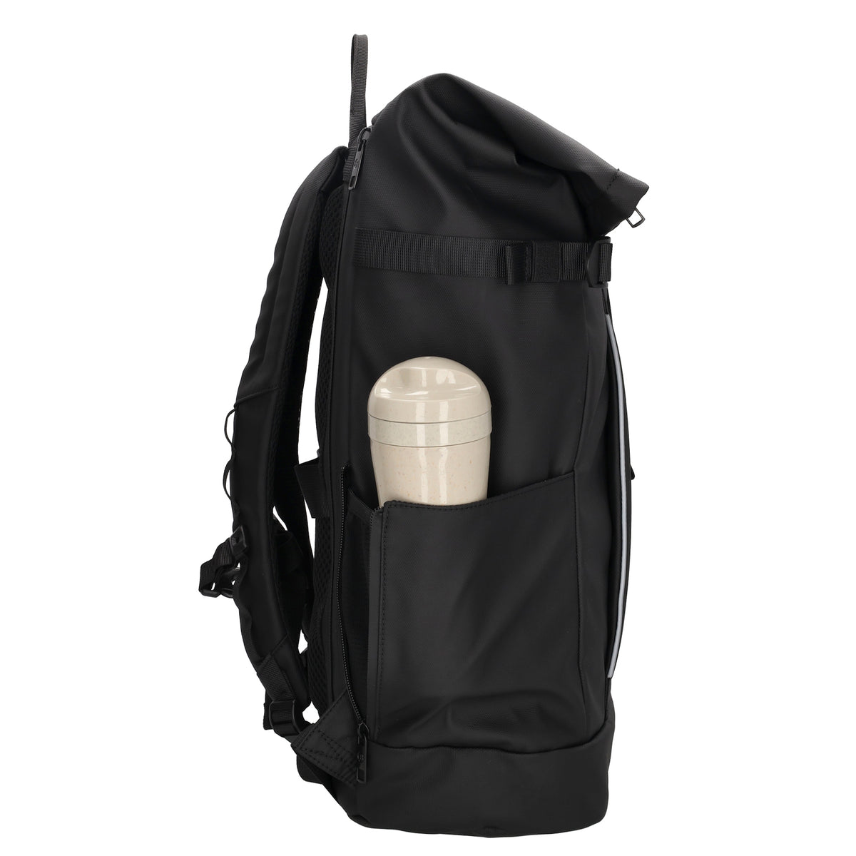 Rolltop-Rucksack 48x28cm in Schwarz mit Umschlag und Reißverschluss - leder-accessoires.com