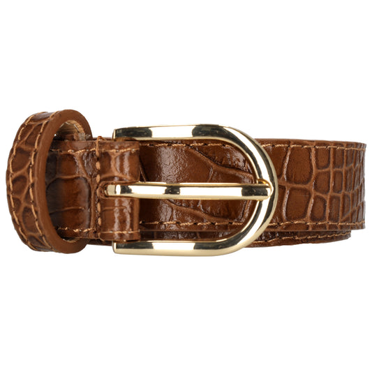 Cognacfarbener Ledergürtel mit Kroko-Prägung – 2,5cm Breit, Gold-Ovale Schließe - leder-accessoires.com