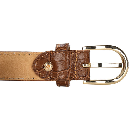 Cognacfarbener Ledergürtel mit Kroko-Prägung – 2,5cm Breit, Gold-Ovale Schließe - leder-accessoires.com