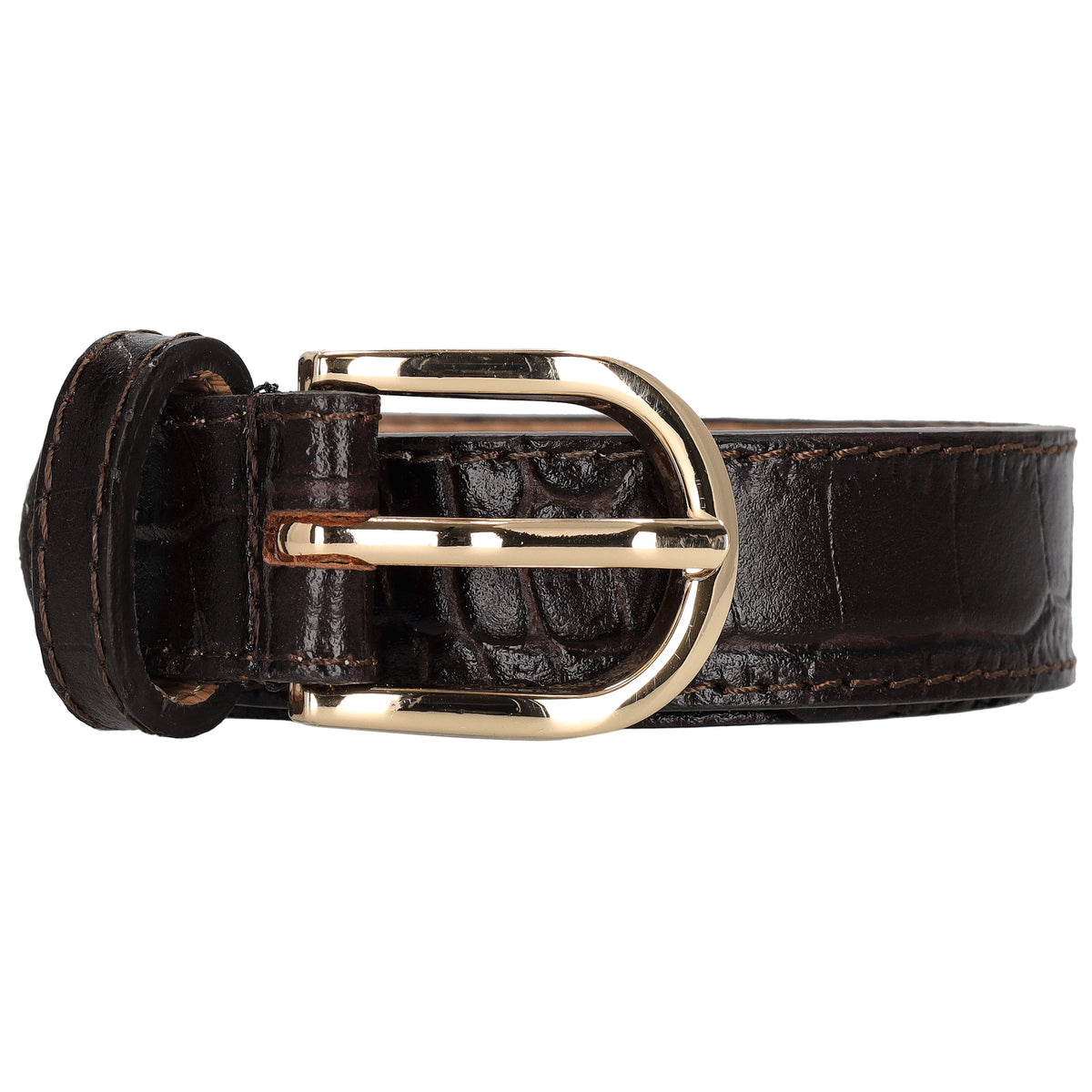 Dunkelbrauner Ledergürtel mit Kroko-Prägung – 2,5cm Breit, Gold-Oval Schließe - leder-accessoires.com