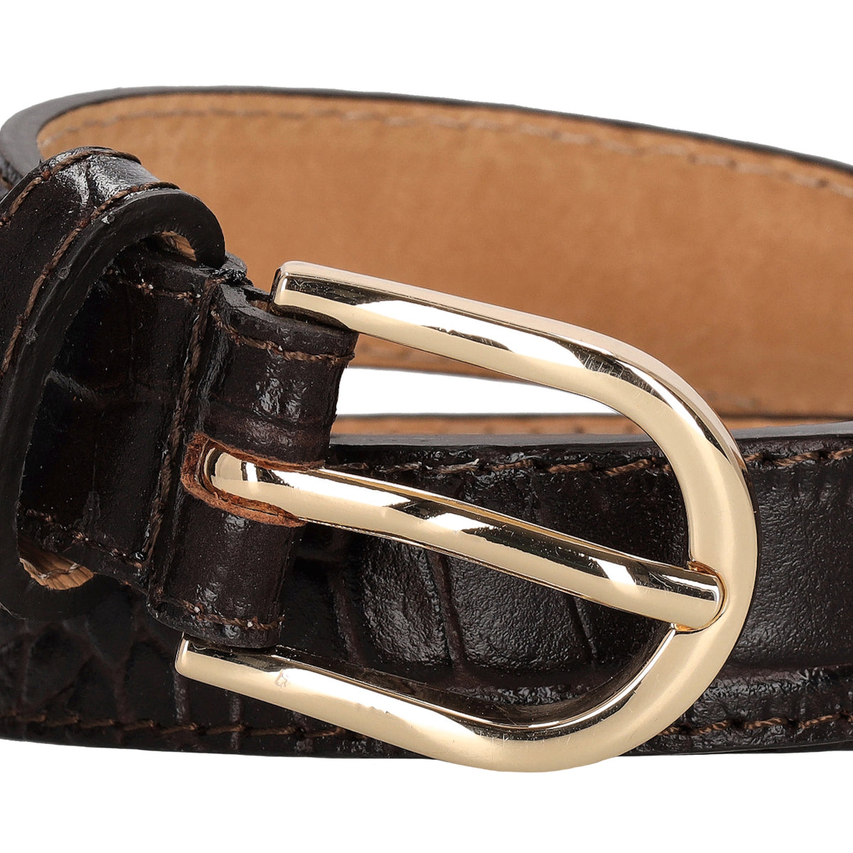 Dunkelbrauner Ledergürtel mit Kroko-Prägung – 2,5cm Breit, Gold-Oval Schließe - leder-accessoires.com