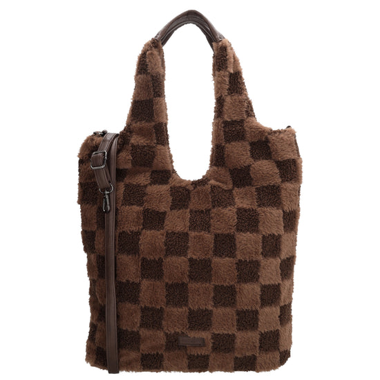 Shopper aus Kunstfell in Braun mit Karomuster – Große Damentasche 33,5x58 cm mit Reißverschluss - leder-accessoires.com