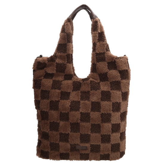 Shopper aus Kunstfell in Braun mit Karomuster – Große Damentasche 33,5x58 cm mit Reißverschluss - leder-accessoires.com