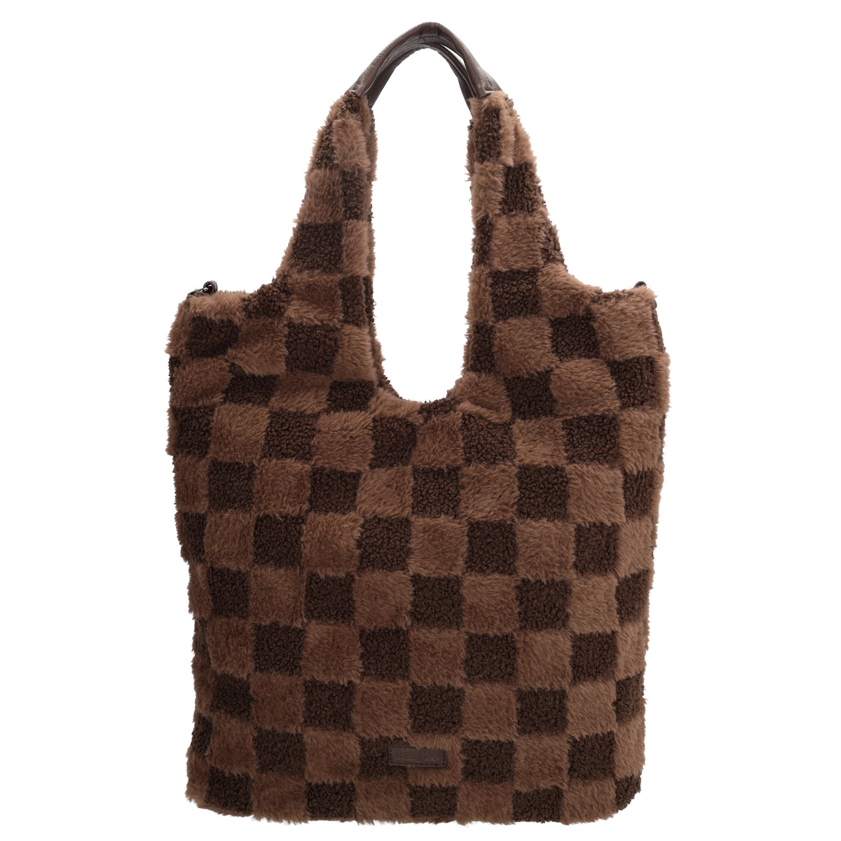 Shopper aus Kunstfell in Braun mit Karomuster – Große Damentasche 33,5x58 cm mit Reißverschluss - leder-accessoires.com