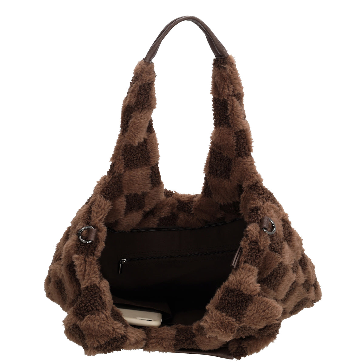 Shopper aus Kunstfell in Braun mit Karomuster – Große Damentasche 33,5x58 cm mit Reißverschluss - leder-accessoires.com