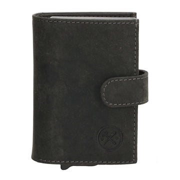Schwarze Leder Safety Wallet 8,3x10,5cm mit Druckknopf & Reißverschlussfach - leder-accessoires.com