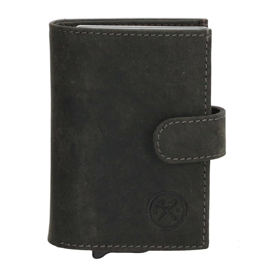 Schwarze Leder Safety Wallet 8,3x10,5cm mit Druckknopf & Reißverschlussfach - leder-accessoires.com