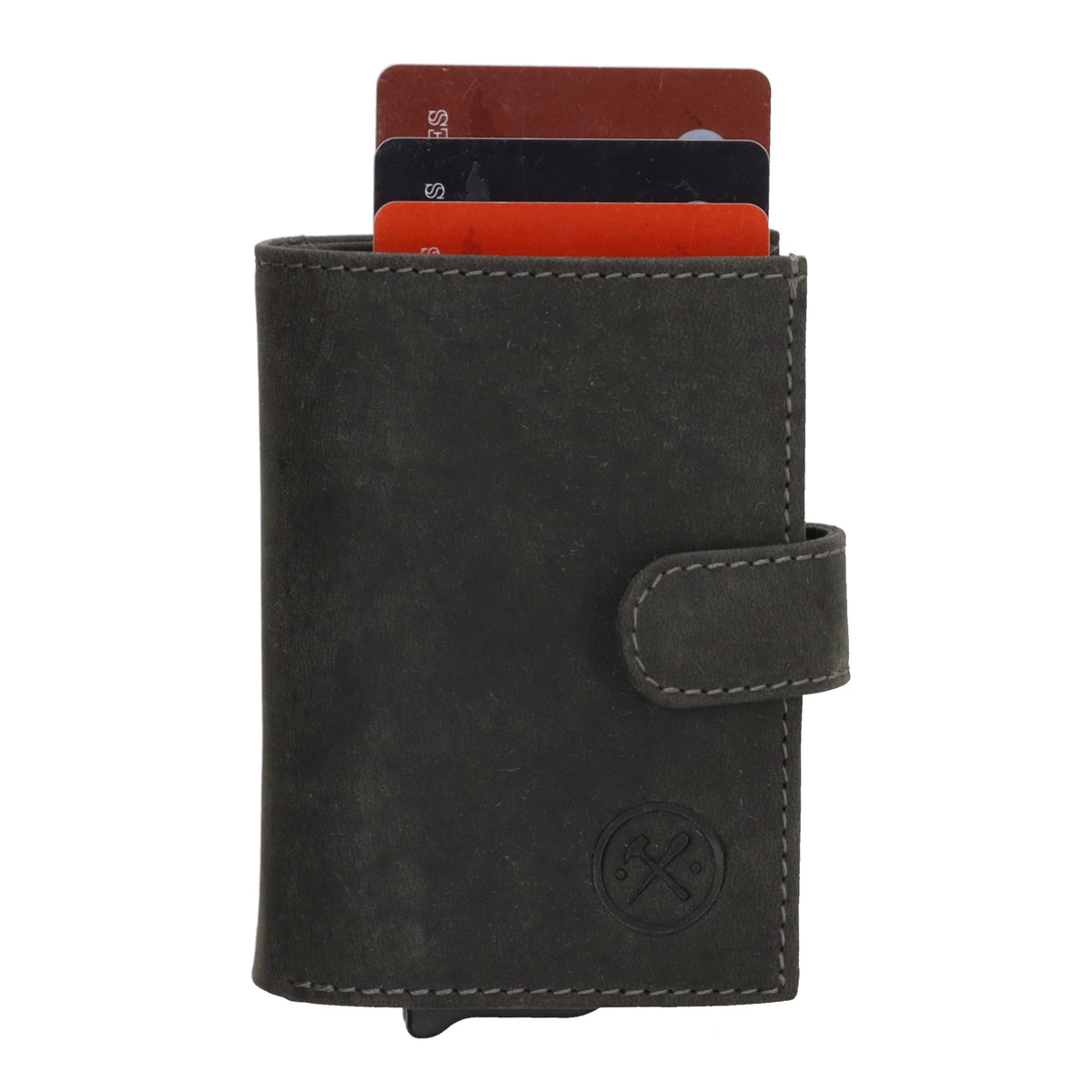 Schwarze Leder Safety Wallet 8,3x10,5cm mit Druckknopf & Reißverschlussfach - leder-accessoires.com