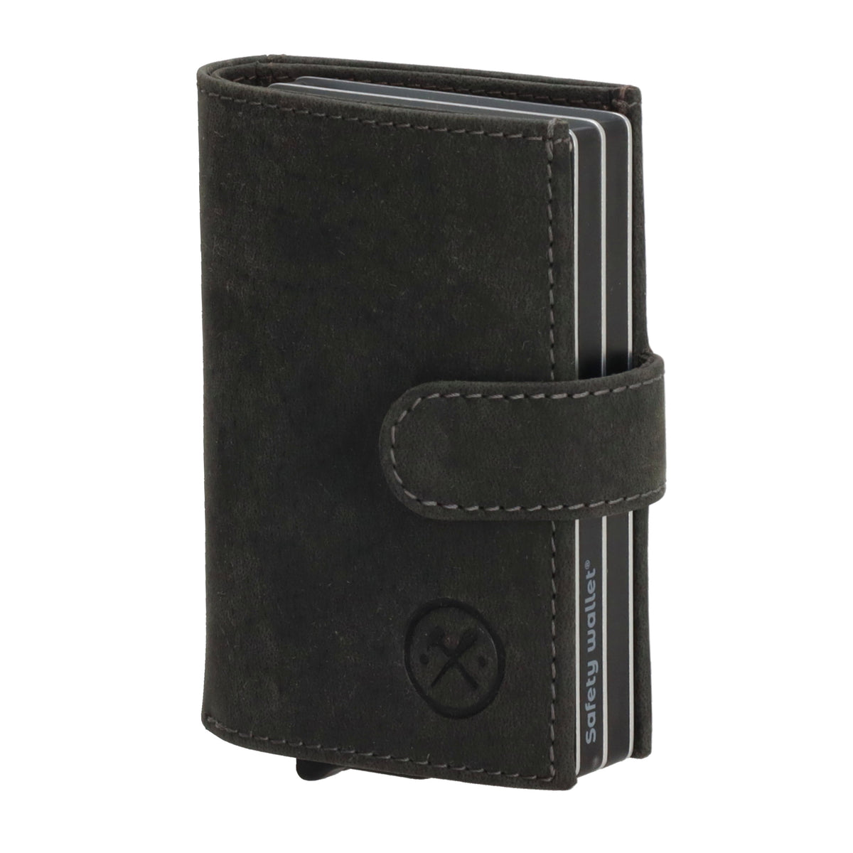 Schwarze Leder Safety Wallet 8,3x10,5cm mit Druckknopf & Reißverschlussfach - leder-accessoires.com
