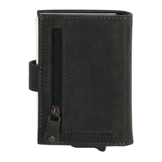Schwarze Leder Safety Wallet 8,3x10,5cm mit Druckknopf & Reißverschlussfach - leder-accessoires.com