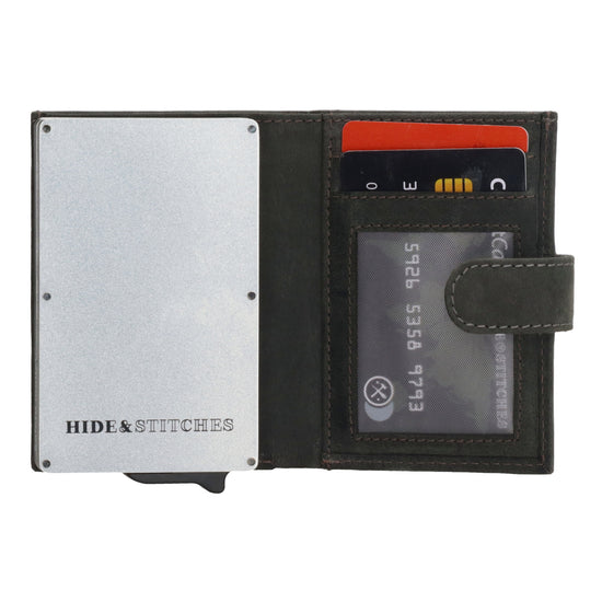 Schwarze Leder Safety Wallet 8,3x10,5cm mit Druckknopf & Reißverschlussfach - leder-accessoires.com