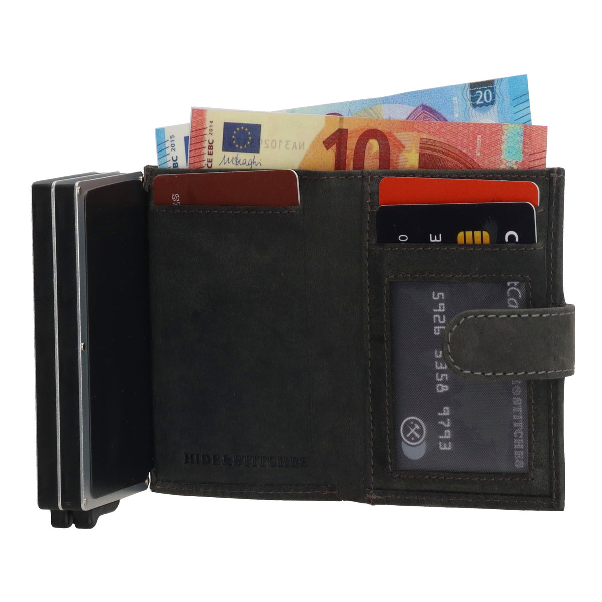 Schwarze Leder Safety Wallet 8,3x10,5cm mit Druckknopf & Reißverschlussfach - leder-accessoires.com