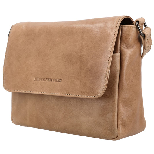 Umhängetasche Leder 25x19x7,5cm in Taupe mit Überschlag - leder-accessoires.com