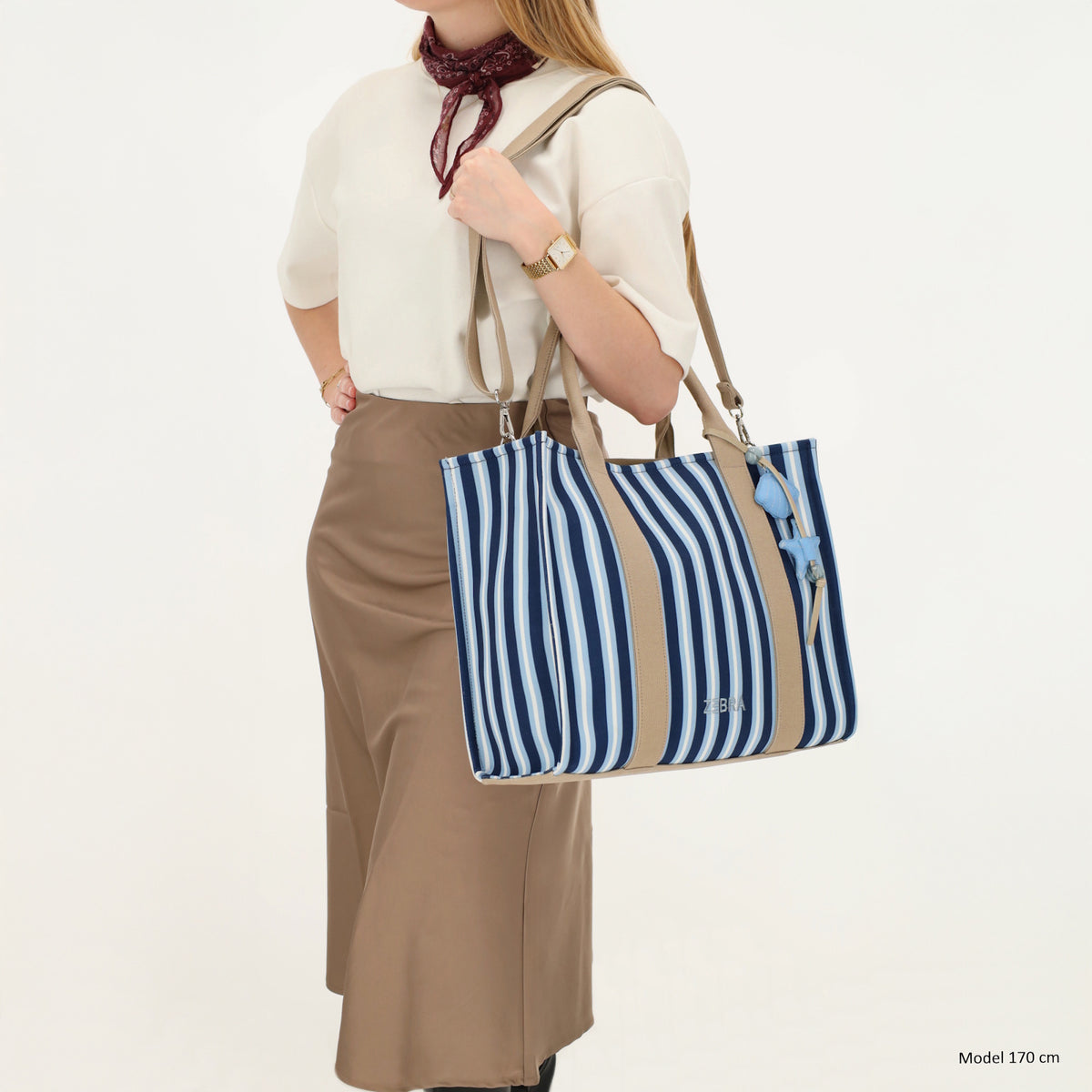 Shopper | Strandtasche 42x33cm Blau gestreift mit Reißverschluss - leder-accessoires.com