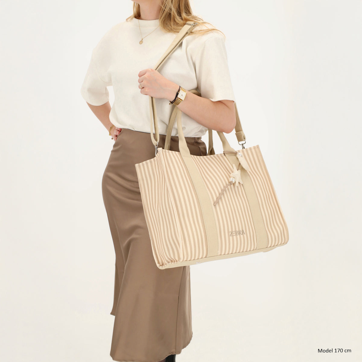 Shopper | Strandtasche 42x33cm Creme gestreift mit Reißverschluss - leder-accessoires.com