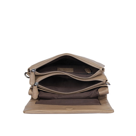 Umhängetasche aus Leder in Taupe|Grau mit Überschlag - leder-accessoires.com