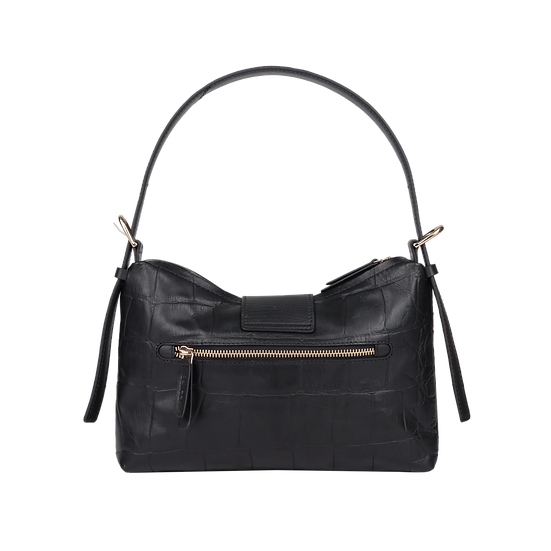 Schultertasche | Kurzgriff 28x18cm in Schwarz mit Krokooptik - leder-accessoires.com