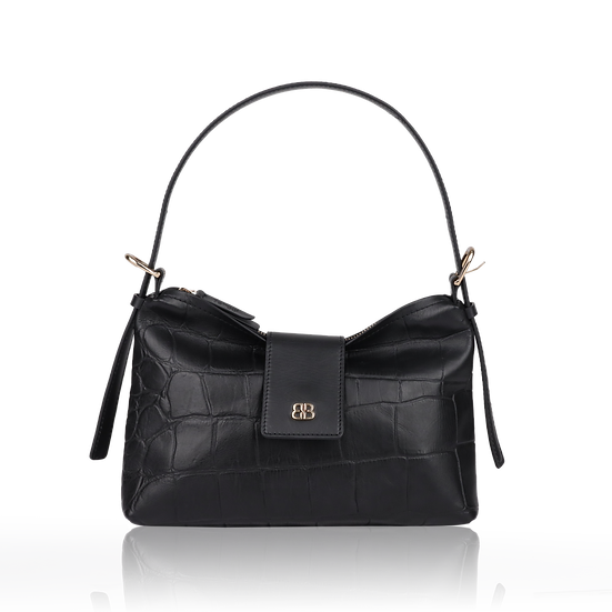 Schultertasche | Kurzgriff 28x18cm in Schwarz mit Krokooptik - leder-accessoires.com