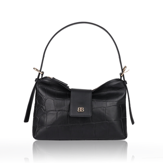 Schultertasche | Kurzgriff 28x18cm in Schwarz mit Krokooptik - leder-accessoires.com