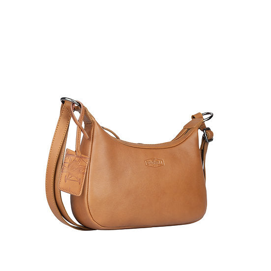 Umhängetasche in Bananenform 27x15cm in Cognac mit Reißverschluss - leder-accessoires.com