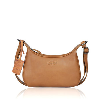 Umhängetasche in Bananenform 27x15cm in Cognac mit Reißverschluss - leder-accessoires.com