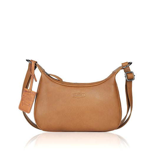 Umhängetasche in Bananenform 27x15cm in Cognac mit Reißverschluss - leder-accessoires.com