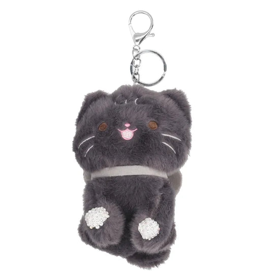 Pompon-Taschenanhänger Kätzchen in Grau mit Schlüsselring - leder-accessoires.com