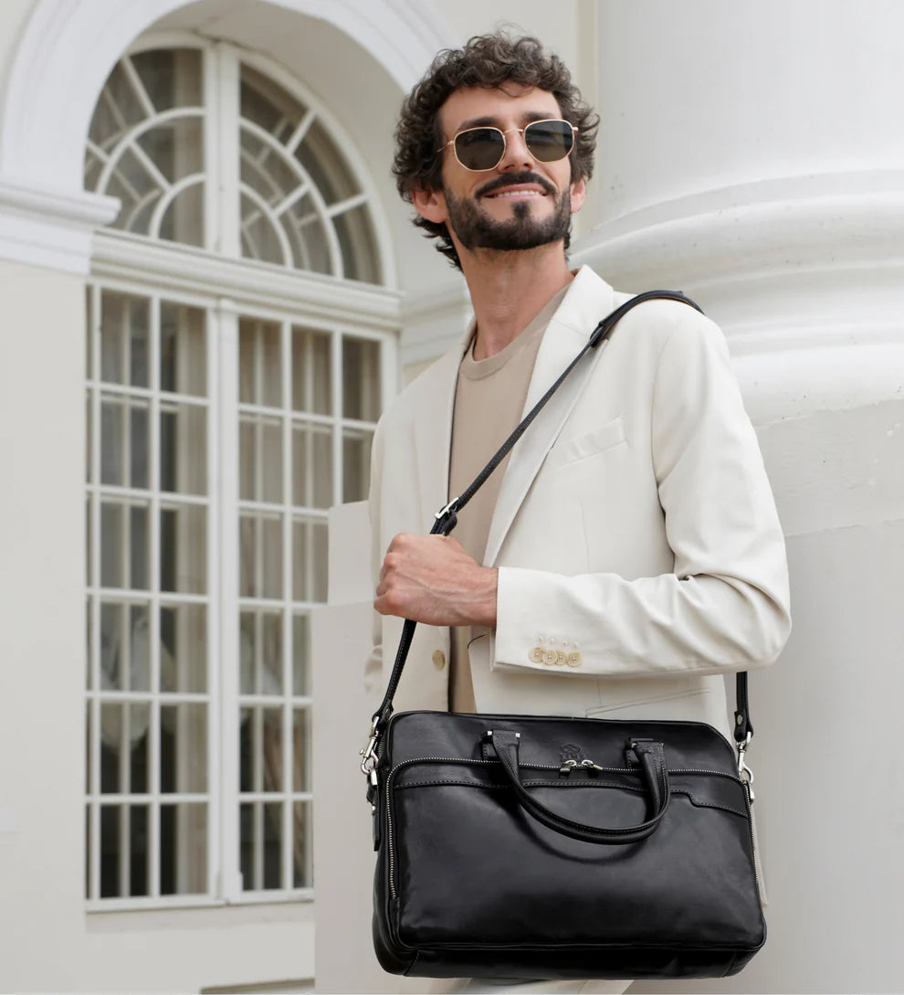 Business-| Dokumententasche 37,5 x 28m in Schwarz mit Reißverschluss und Vortasche - leder-accessoires.com