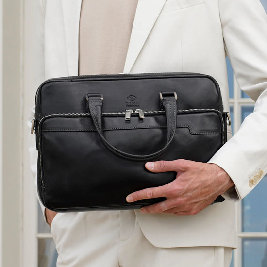 Business-| Dokumententasche 37,5 x 28m in Schwarz mit Reißverschluss und Vortasche - leder-accessoires.com