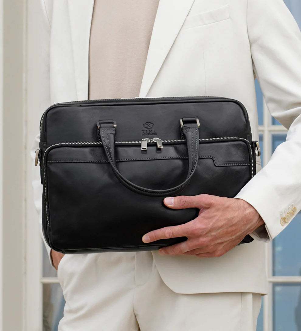 Business-| Dokumententasche 37,5 x 28m in Schwarz mit Reißverschluss und Vortasche - leder-accessoires.com