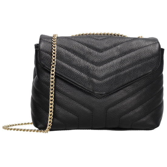 Schultertasche 25x15cm in Schwarz mit gestepptem Leder und Kettenriemen Gold - leder-accessoires.com