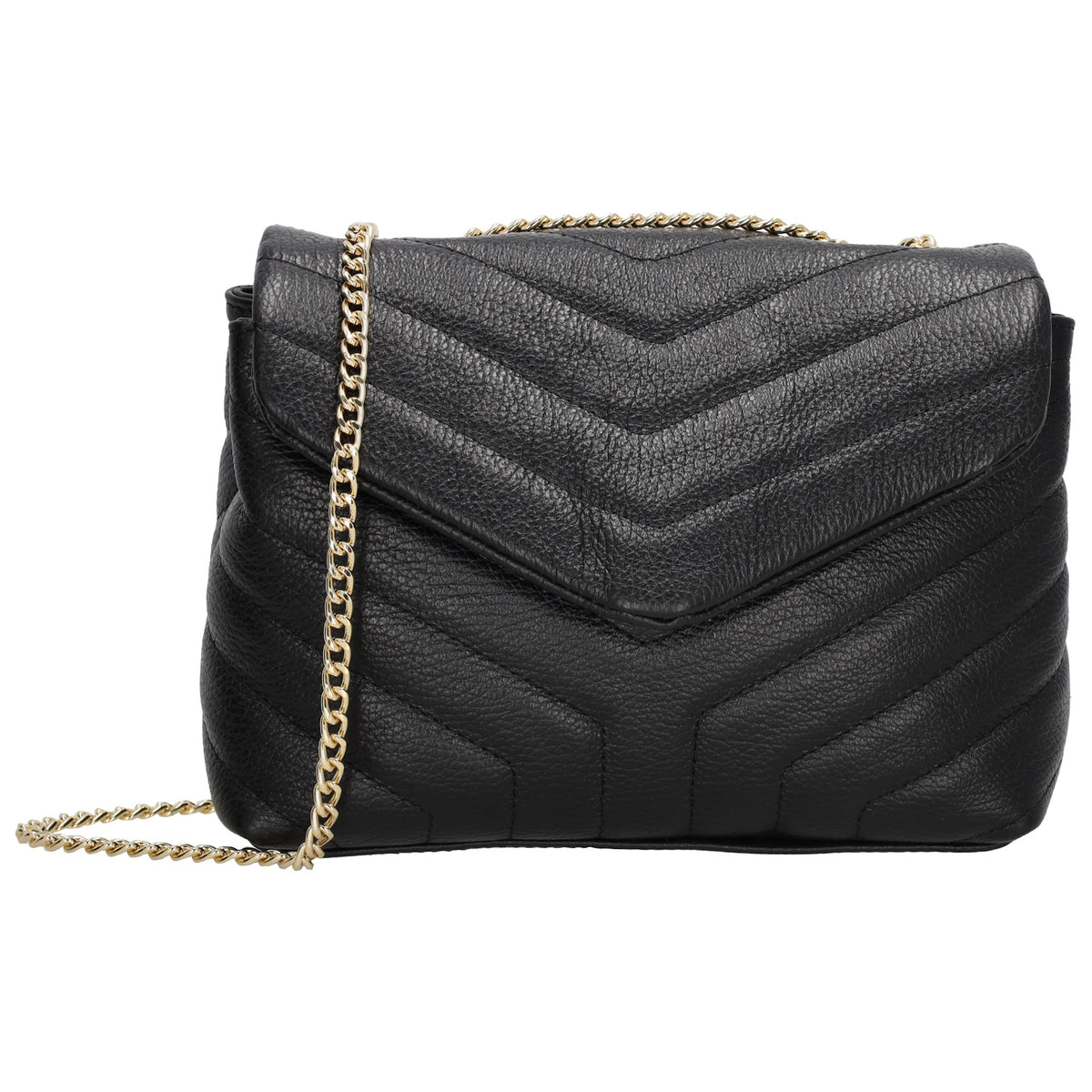 Schultertasche 25x15cm in Schwarz mit gestepptem Leder und Kettenriemen Gold - leder-accessoires.com