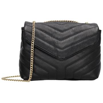 Schultertasche 25x15cm in Schwarz mit gestepptem Leder und Kettenriemen Gold - leder-accessoires.com