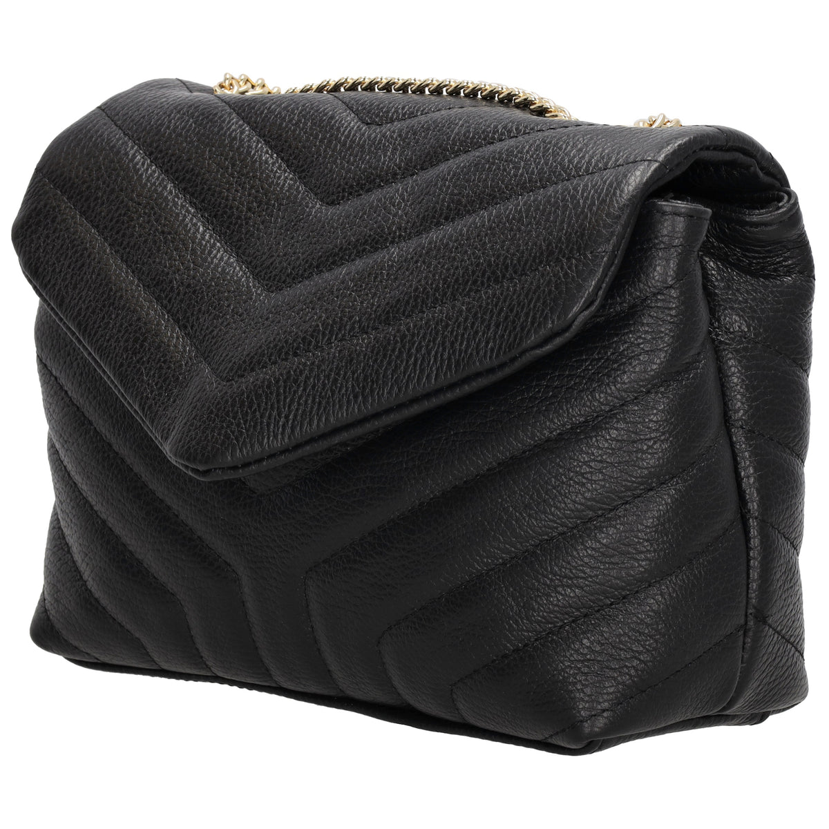 Schultertasche 25x15cm in Schwarz mit gestepptem Leder und Kettenriemen Gold - leder-accessoires.com