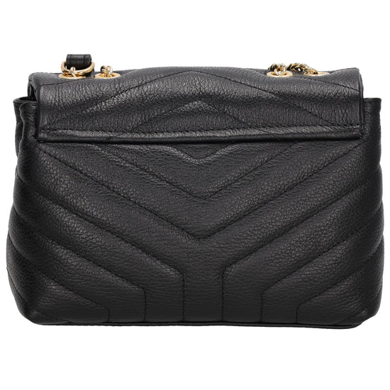 Schultertasche 25x15cm in Schwarz mit gestepptem Leder und Kettenriemen Gold - leder-accessoires.com