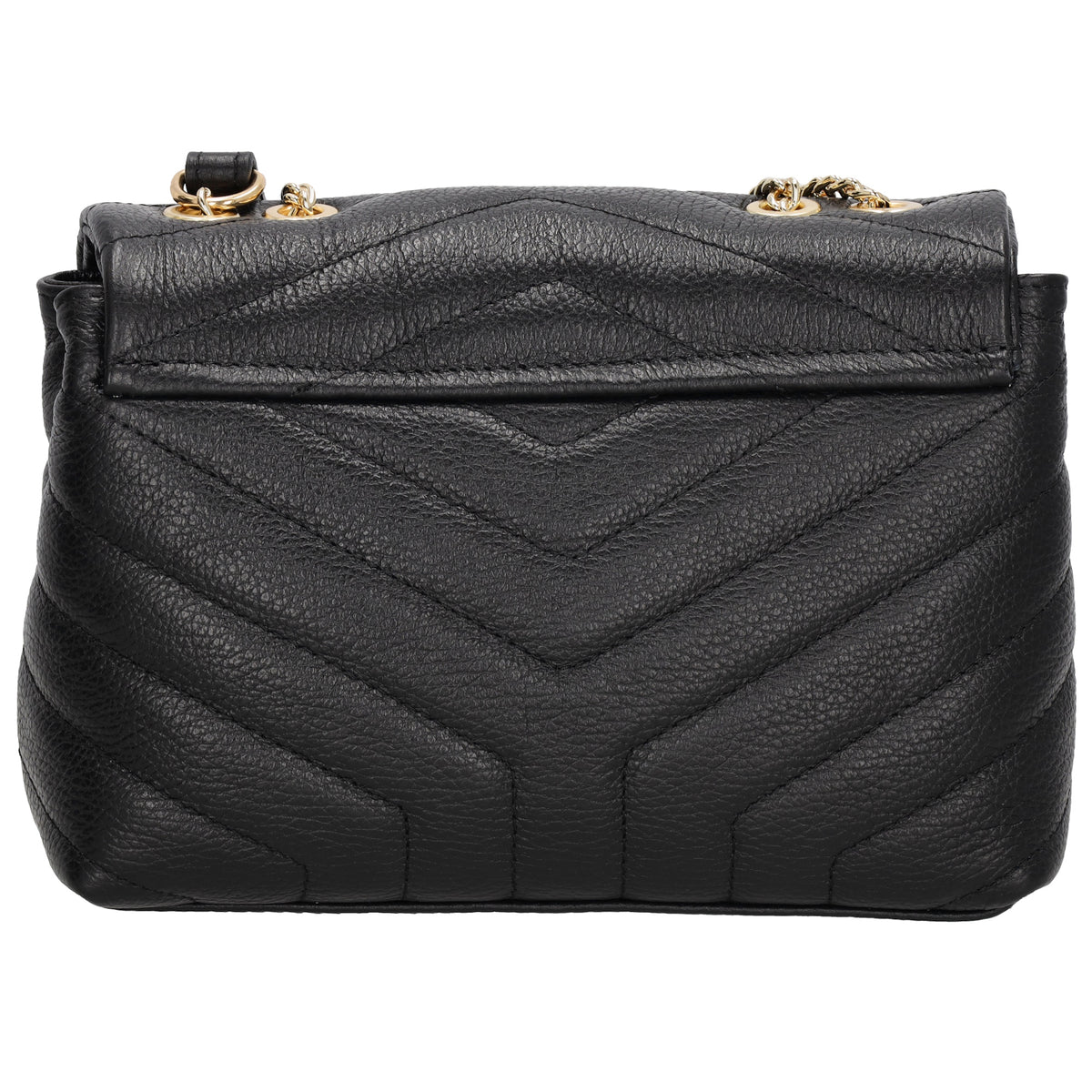 Schultertasche 25x15cm in Schwarz mit gestepptem Leder und Kettenriemen Gold - leder-accessoires.com