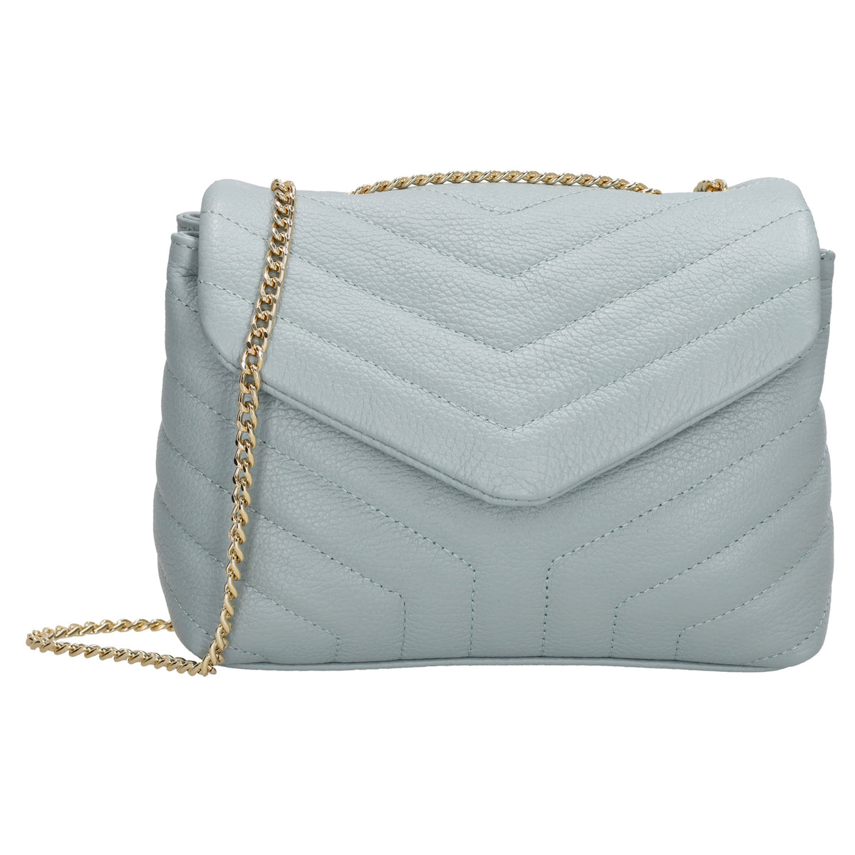 Schultertasche 25x15cm in Hellblau mit gestepptem Leder und Kettenriemen Gold - leder-accessoires.com
