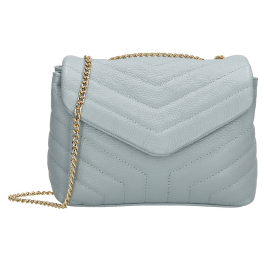 Schultertasche 25x15cm in Hellblau mit gestepptem Leder und Kettenriemen Gold - leder-accessoires.com