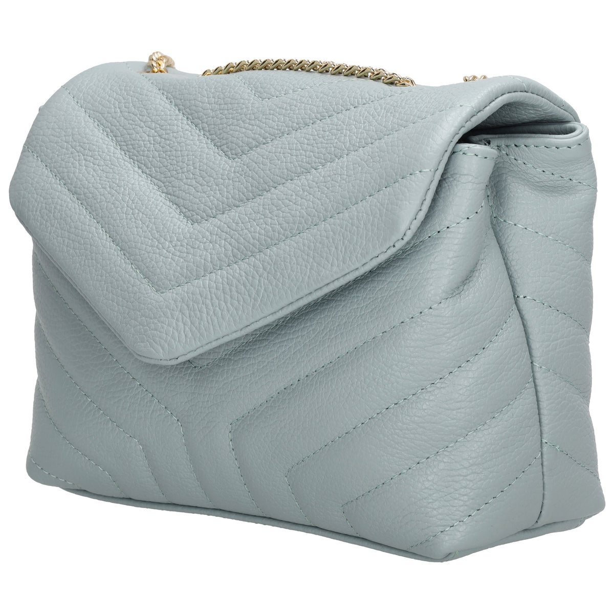 Schultertasche 25x15cm in Hellblau mit gestepptem Leder und Kettenriemen Gold - leder-accessoires.com
