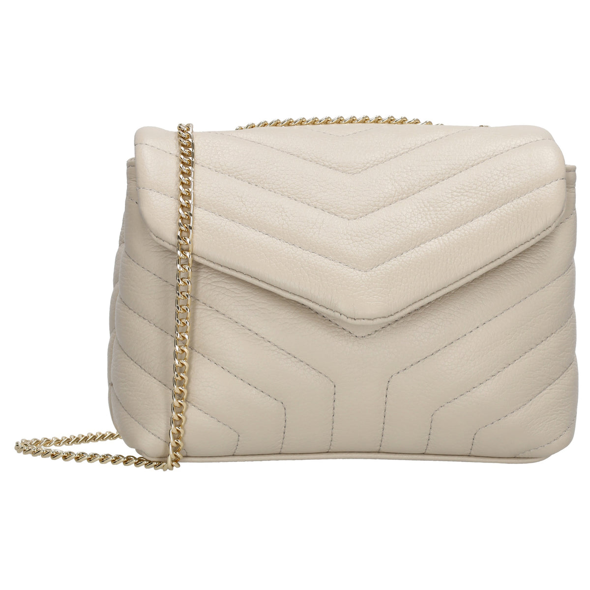 Schultertasche 25x15cm in Beige mit gestepptem Leder und Kettenriemen Gold - leder-accessoires.com